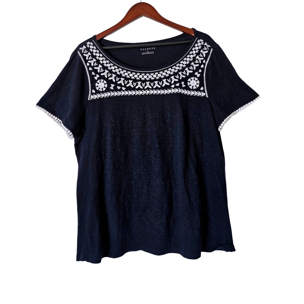 Talbots Cotton Floral Embroidered Top Navy Blue Size XL Boho Short Sleeve